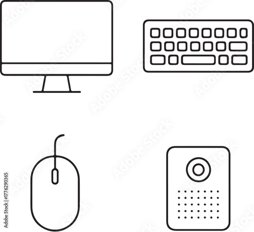 Digital Devices Monitor, Keyboard, Mouse, and Speaker Black and White Vector Illustration.eps