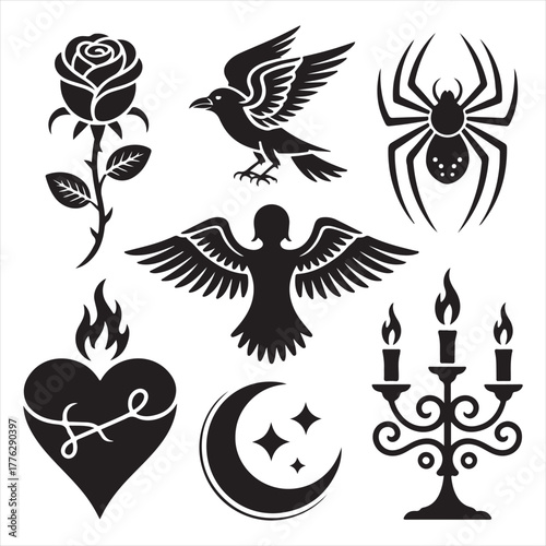 Gothic Tattoo Silhouette Vector Set — Rose, Bird, Spider, Heart, Moon, and Candle Icons in Black Style