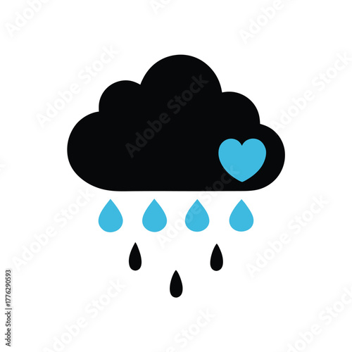 Black Cloud Raining Blue and Black Drops with Blue Heart Keywords: cloud, rain, storm, weather
