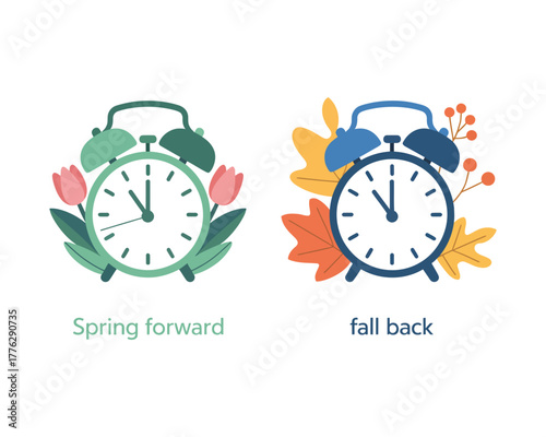 Daylight saving time concept with seasonal clock adjustments for spring and autumn