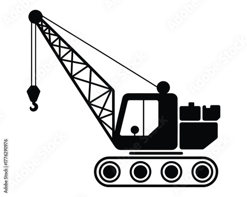 Heavy duty crawler crane construction equipment vector icon silhouette
