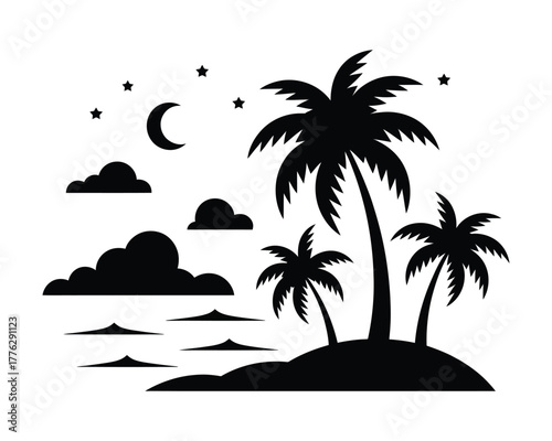 Tropical island with palm trees and a crescent moon at night
