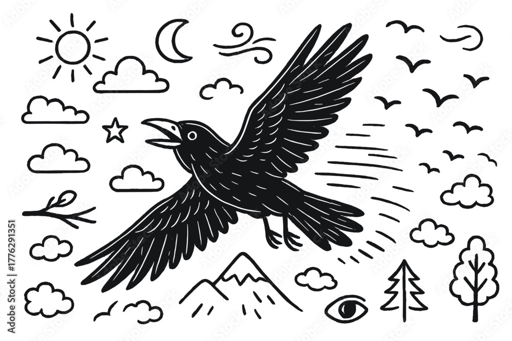 Obraz premium Raven in Flight. Raven flight. Hand-drawn doodle illustration Raven flight wings spread, feather trail, sky, clouds, mountain, branch, flock of birds, wind