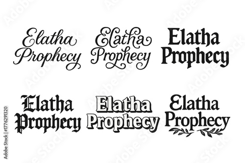 Elatha Lettering Variations. Elatha Prophecy. Set lettering. harmonious lettering variations of the same emblematic concept, each with different artistic