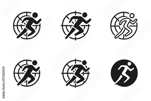 Athlete Analytics Logos. Athlete analytics. Set Logo of Athlete analytics: runner figure over radar chart. harmonious logo variations of the same emblematic