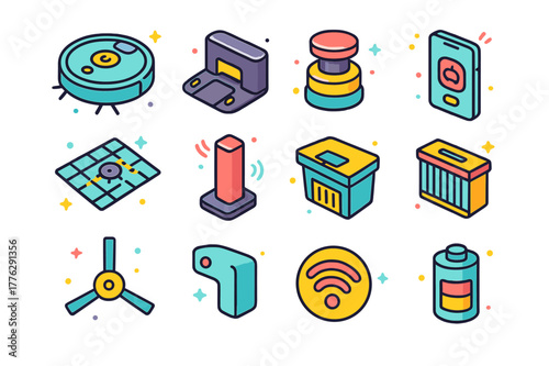 Smart Cleaning Icons. Robot and smart cleaning. Colorful isometric vector icons set of Robot and smart cleaning: robot vacuum, charging dock, lidar turret,