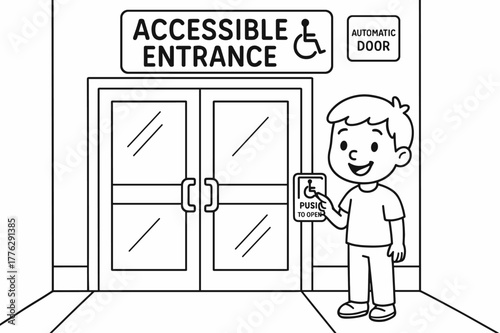 Accessible Entrance Coloring Page. Accessible building entrance children?s coloring book illustration, outlined drawing, a wide door with automatic opener and