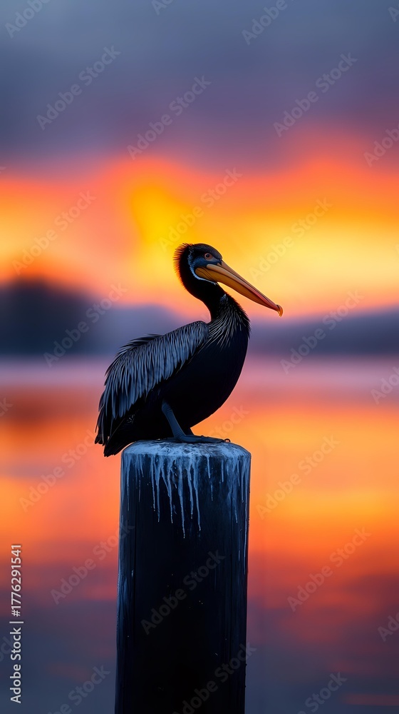 Fototapeta premium Silhouette of pelican perched on wooden post against vibrant orange and purple sunset sky over calm water, creating dramatic coastal wildlife scene.