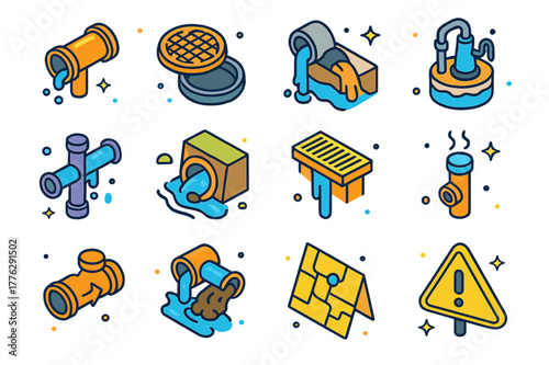 Sewage Icons Collection. Sewage. Colorful isometric vector icons set of Sewage: sewer pipe, manhole cover, wastewater flow, lift station pump, combined sewer,