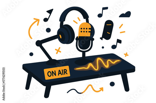 Dynamic Radio Studio Scene. Radio Studio Desk. A sleek desk with a glowing waveform skimming across the surface; sticky tag reads ?ON AIR?. Headphones rest