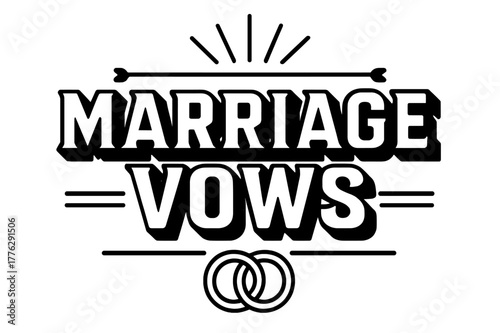 Geometric Marriage Vows. Marriage Vows ? bold block geometric lettering; thick uppercase with geometric serifs, heavy outer outline, strong cast shadow;