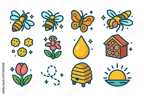 Pollinator Icon Set. Pollinators in early bloom. Colorful isometric vector icons set of Pollinators in early bloom: honeybee, bumblebee, butterfly, hoverfly,