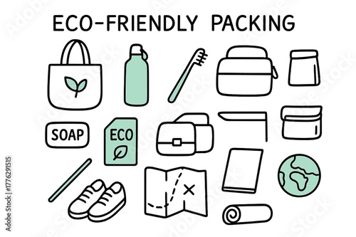 Eco-Friendly Essentials. // Eco-friendly packing. Hand-drawn doodle illustration Eco-friendly packing [reusable tote (accented), metal bottle (accented),