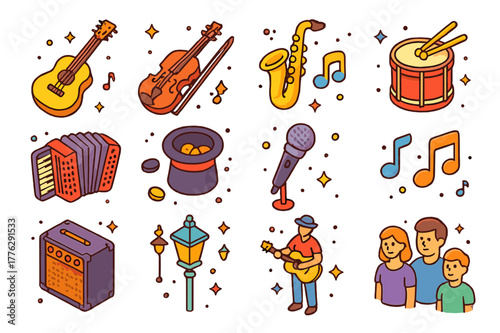 Street Music Icons. Street performance. Colorful isometric vector icons set of street performance: guitar, violin, saxophone, drum, accordion, hat for tips,