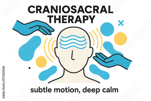 Craniosacral Therapy Art. Craniosacral Therapy. Hands hover gently around a stylized head shape with rhythmic wave lines pulsing outward. Caption: ?subtle