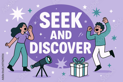 Discover Adventure Banner. Seek and discover banner, flat vector illustration, bold oversized text inside rounded blob, cartoon characters shouting and