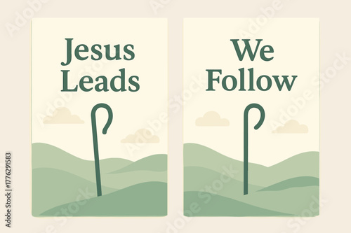 Guiding Shepherd Banners. Shepherd?s Way. Two vertical A6 banners with safe margins, centered composition, no elements touching edges, pastel, sage and cream,