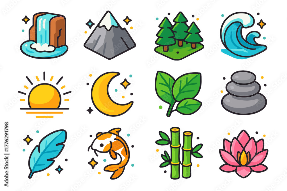 Obraz premium Colorful Nature Icons. Calm nature elements. Colorful isometric vector icons set of calm nature elements: waterfall, mountain peak, pine forest, ocean wave,