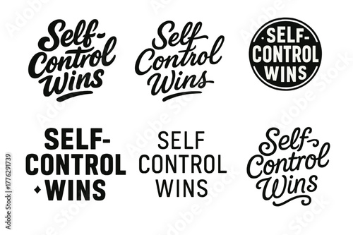 Diverse Lettering Styles. Self-Control Wins. Set lettering. harmonious lettering variations of the same emblematic concept, each with different artistic