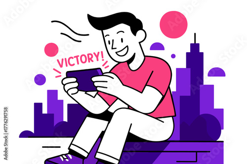 Rooftop Gaming Victory. Playing a mobile game on the go ? Sunny rooftop pause. Wind lines sweep; the character smiles at a clutch win, city shapes block out