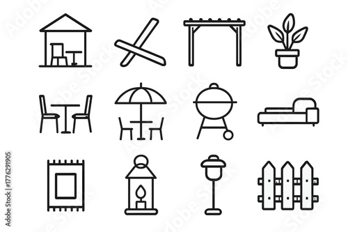 Outdoor Living Icons. Outdoor Living Spaces. Line icon set of Outdoor Living Spaces: patio, deck chair, pergola, potted plant, outdoor table, umbrella, grill,
