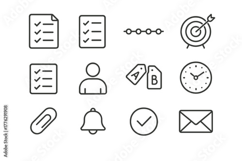 Agenda Planning Icons. Agenda Planning. Line icon set of Agenda Planning: agenda document, checklist, timeline, meeting goals, action items, owner avatar,