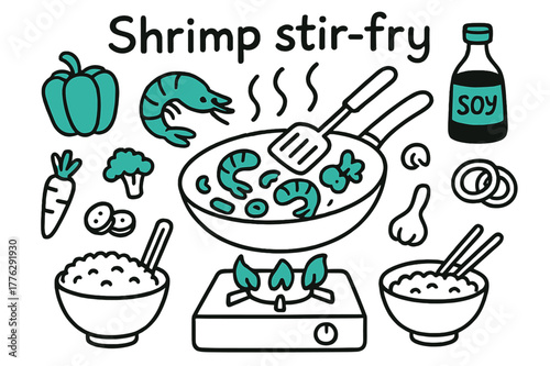 Colorful Shrimp Stir-fry Icons. // Shrimp stir-fry. Hand-drawn doodle illustration Shrimp stir-fry [shrimp (accented), wok pan (accented), spatula (accented),