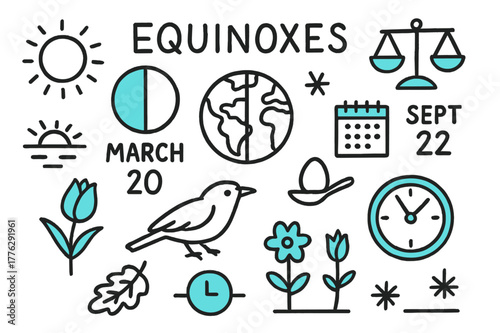 Equinox Symbols Doodle. // Equinoxes. Hand-drawn doodle illustration Equinoxes [Sun, equal day-night circle (accented), March label, Sept label (accented),