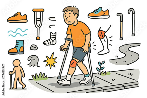 Injured Walker Doodle. Injured step. Hand-drawn doodle illustration person walking (colored), uneven stride (colored), crutch (colored), cane (colored),