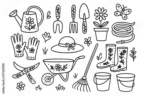 Decorative Gardening Tools. Using decorative gardening tools for outdoor plant care. Hand-drawn doodle illustration decorative gardening tools watering can,