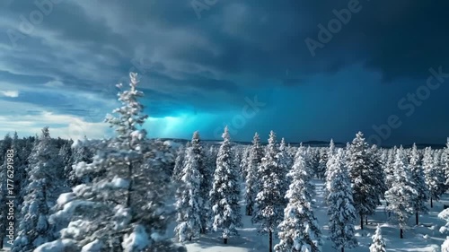 冬空に輝くターコイズブルー、雪の松林に集う雷雲：お祭り気分を伝える