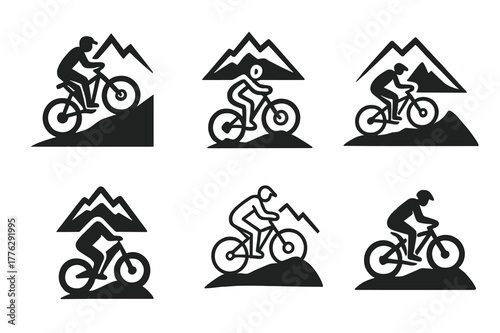 Mountain Biking Logos. Mountain biking. Set Logo of Mountain biking: cyclist climbing hill trail. harmonious logo variations of the same emblematic concept,