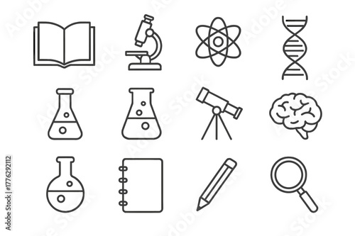 Science Book Icons. Reading a science book. Line icon set of reading a science book: open book, microscope, atom, DNA strand, test tube, beaker, telescope,