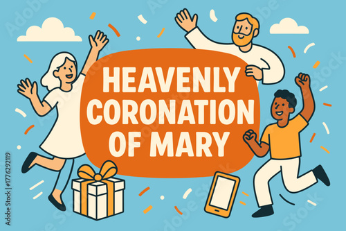 Heavenly Celebration Banner. Heavenly Coronation of Mary banner, flat vector illustration, bold oversized text inside rounded blob, cartoon characters dancing