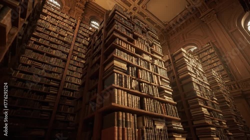 広大な図書館、積み上げられた無地の書籍：暖かく拡散された照明が照らす静寂の空間