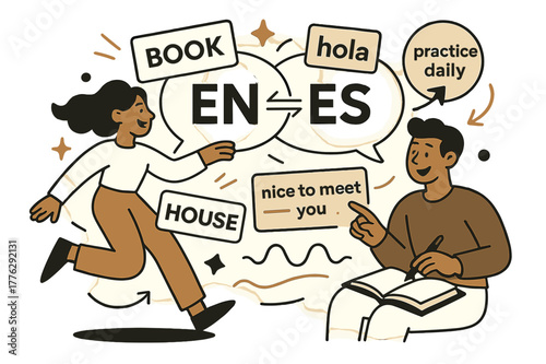 Bilingual Learning Dynamics. AI Assistants ? Language Tutor. Word cards drift between two bubbles labeled ?EN - ES?; pronunciation waves glide under