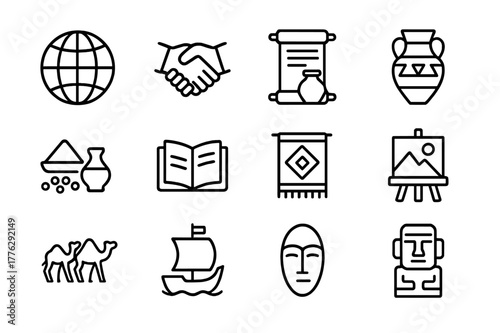 Cultural Exchange Icons. Cultural exchange through trade. Line icon set of cultural exchange: globe, handshake, scroll, pottery, spices, book, textile,