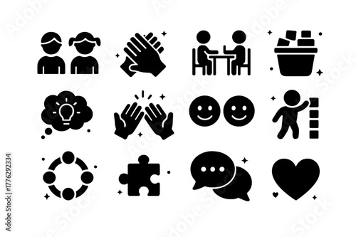 Collaborative Play Icons. Collaborative Play. Solid icons set of Collaborative Play: two children, teamwork hands, shared table, bucket of blocks, idea cloud,