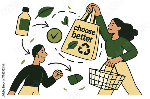 Eco-Friendly Shopping Dynamics. Shopping Habits ? Sustainable Choices. A shopper lifts a reusable bag; leaf and recycle icons orbit the label ?choose better?.