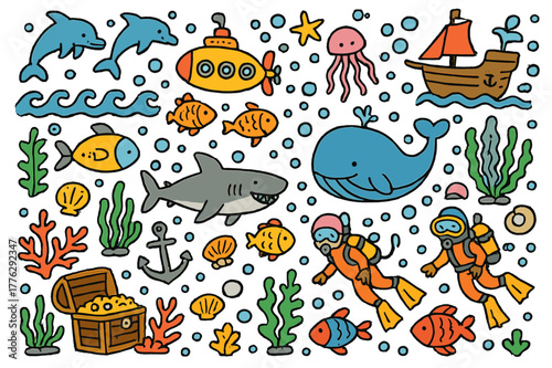 Underwater Doodle Adventure. Underwater world. Colorful Hand-drawn doodle Children illustration underwater world fish, dolphins, whales, sharks, seaweed,