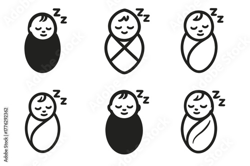 Harmonious Baby Nap Logos. Peaceful nap. Set Logo of Peaceful nap: baby swaddled with z?s. harmonious logo variations of the same emblematic concept, each with
