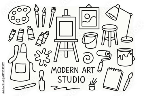 Art Studio Essentials. Modern art studio. Hand-drawn doodle illustration modern art studio easel, paint tubes, palette, brushes, stool, apron, splatter,