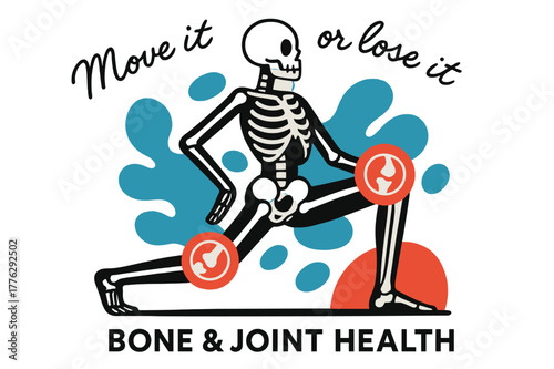 Dynamic Joint Health. Bone & Joint Health. A stylized skeleton frame moves gracefully through a lunge; floating icons highlight knees and hips. Text ?Move it