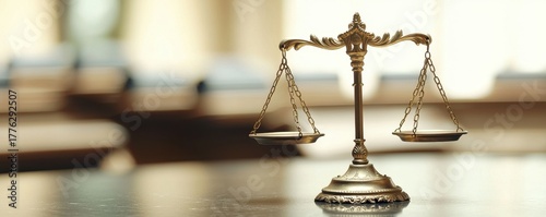 Close up of antique golden scales of justice on a wooden table with blurred books in background