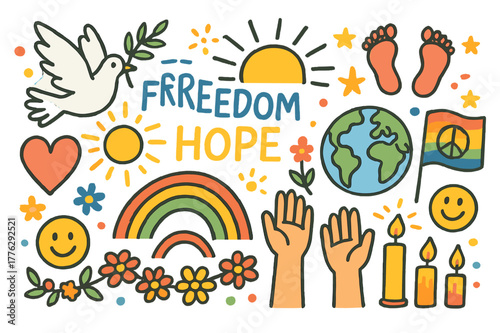 Joyful Freedom Symbols. Freedom and hope. Colorful Hand-drawn doodle Children illustration Freedom and hope flying dove, sunrise, raised hands, rainbow, open