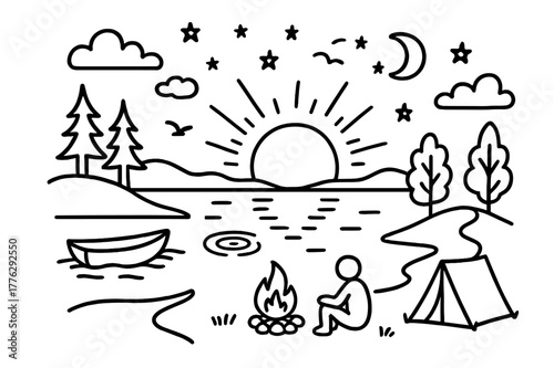 Lakeside Evening Sketch. Evening by the lake. Hand-drawn doodle illustration sunset, lake, reflection, clouds, trees, stars, moon, person sitting, campfire,
