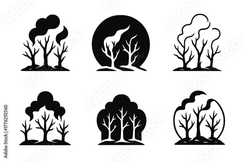 Hellscape Tree Logos. blackened trees in hellscape. Set Logo of blackened trees in hellscape: Smoke plumes threading burnt boughs. Icon set. harmonious logo