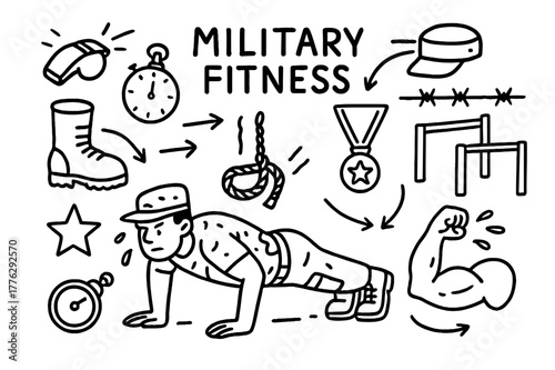 Military Fitness Doodle. Military fitness. Hand-drawn doodle illustration military fitness soldier, push-up pose, whistle, stopwatch, boots, hat, obstacle