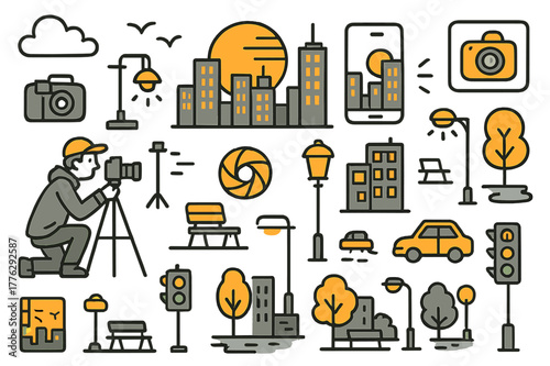 Urban Dusk Doodles. Urban dusk photography. Hand-drawn doodle illustration city skyline (colored), setting sun (colored), skyscrapers (colored), street lights