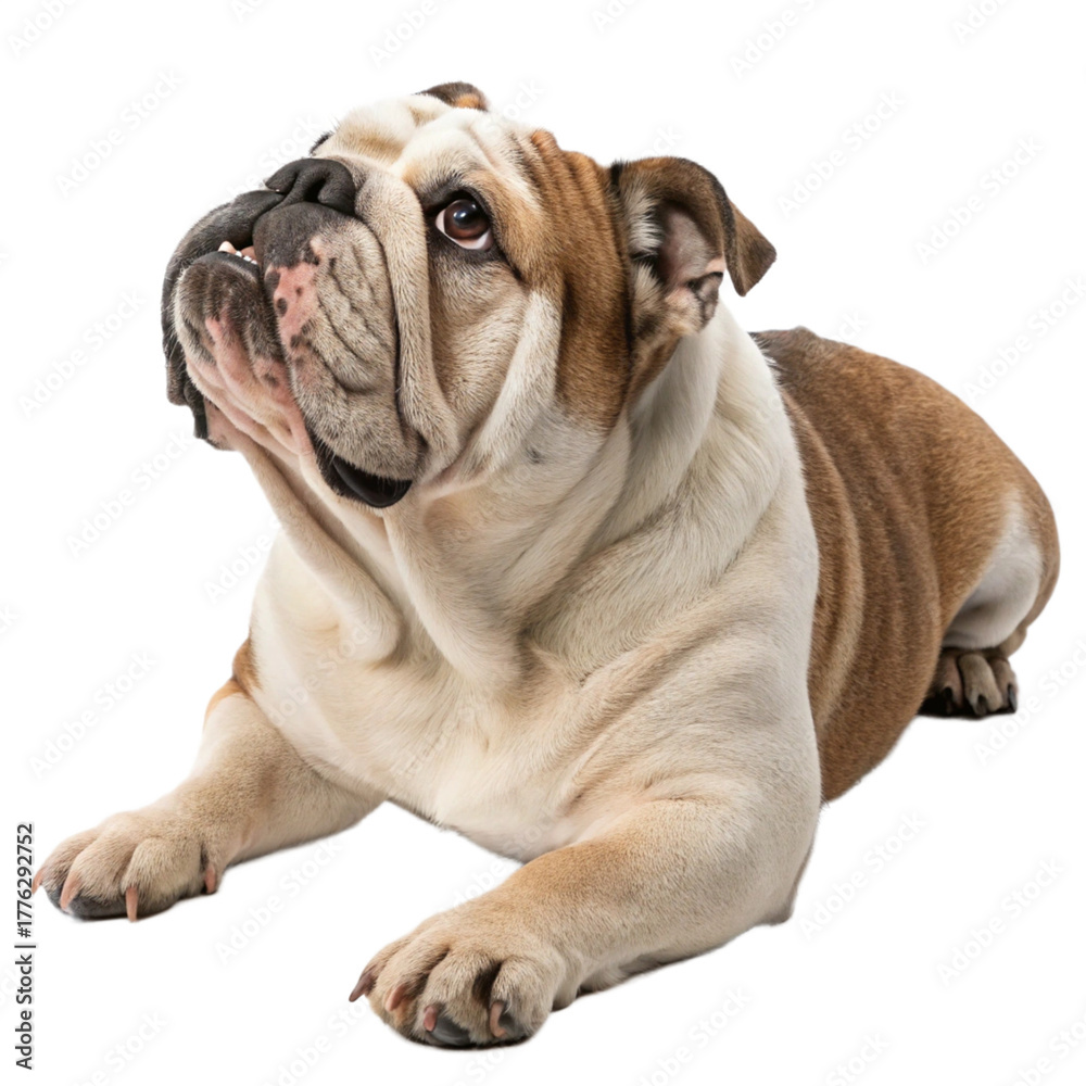 Obraz premium English Bulldog Lying Down and Looking Up – Cute Dog Isolated on Transparent Background